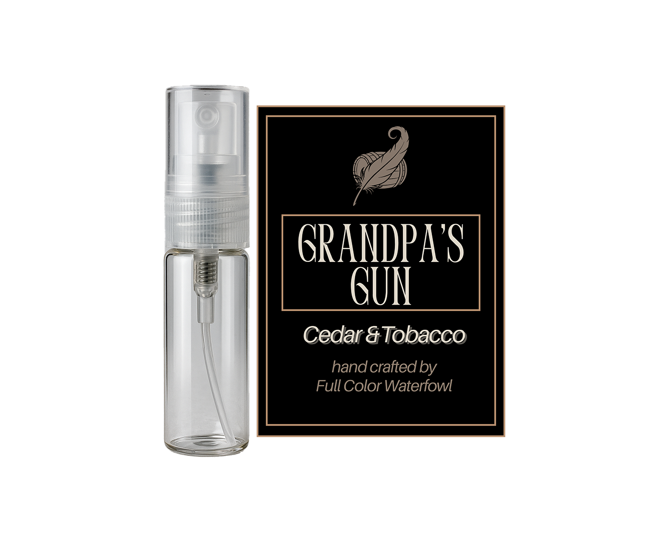 Clear spray bottle labeled 'Grandpa's Gun' with a black label featuring branding on a white background.