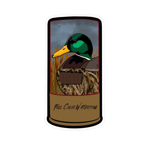 Mr. Greenhead in Waders sticker – unique waterfowl design with a duck in waders, perfect for personalizing hunting gear and outdoor equipment.