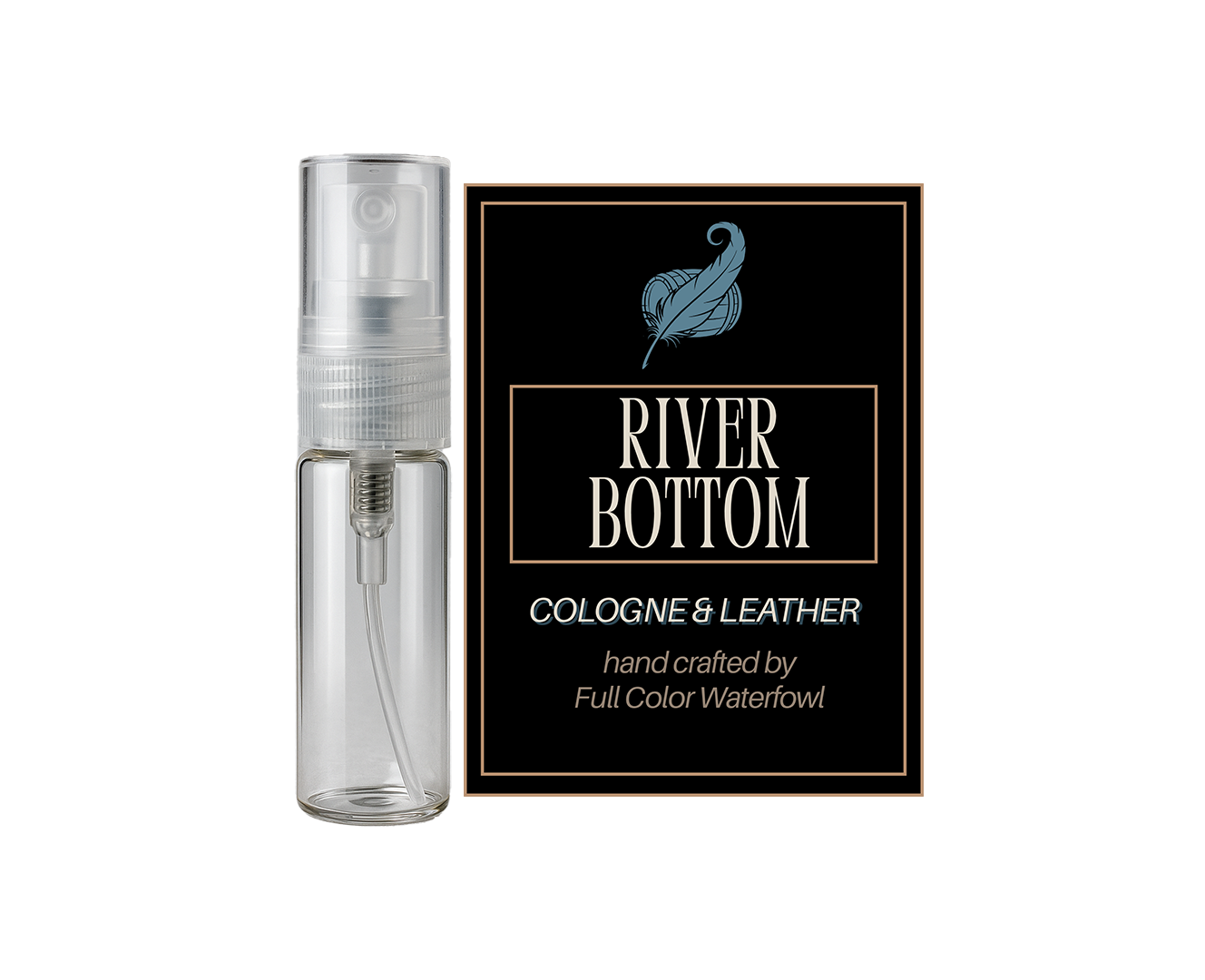 Clear spray bottle with 'River Bottom' cologne & leather packaging on a white background