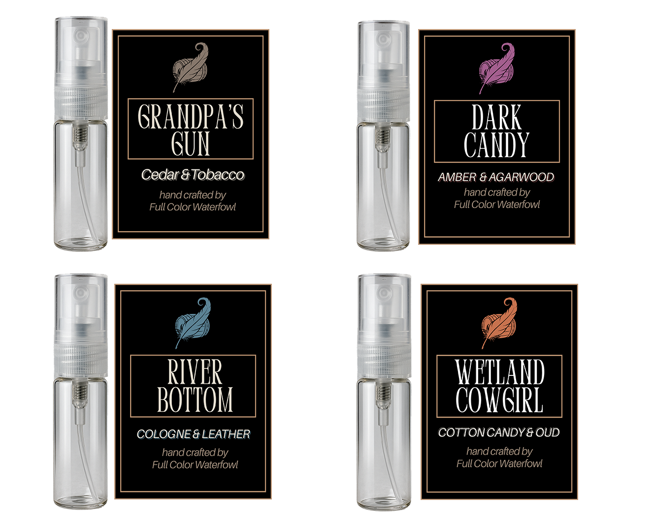 Set of cologne bottles with labels on a white background