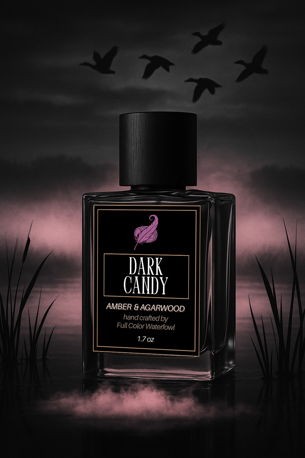 Perfume bottle labeled 'Dark Candy' with a dark, moody background featuring birds and grass.